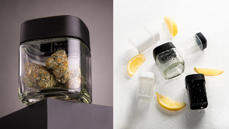 Calyx jar filled with cannabis flower and Calyx drams and jar on display covered in water droplets next to lemons