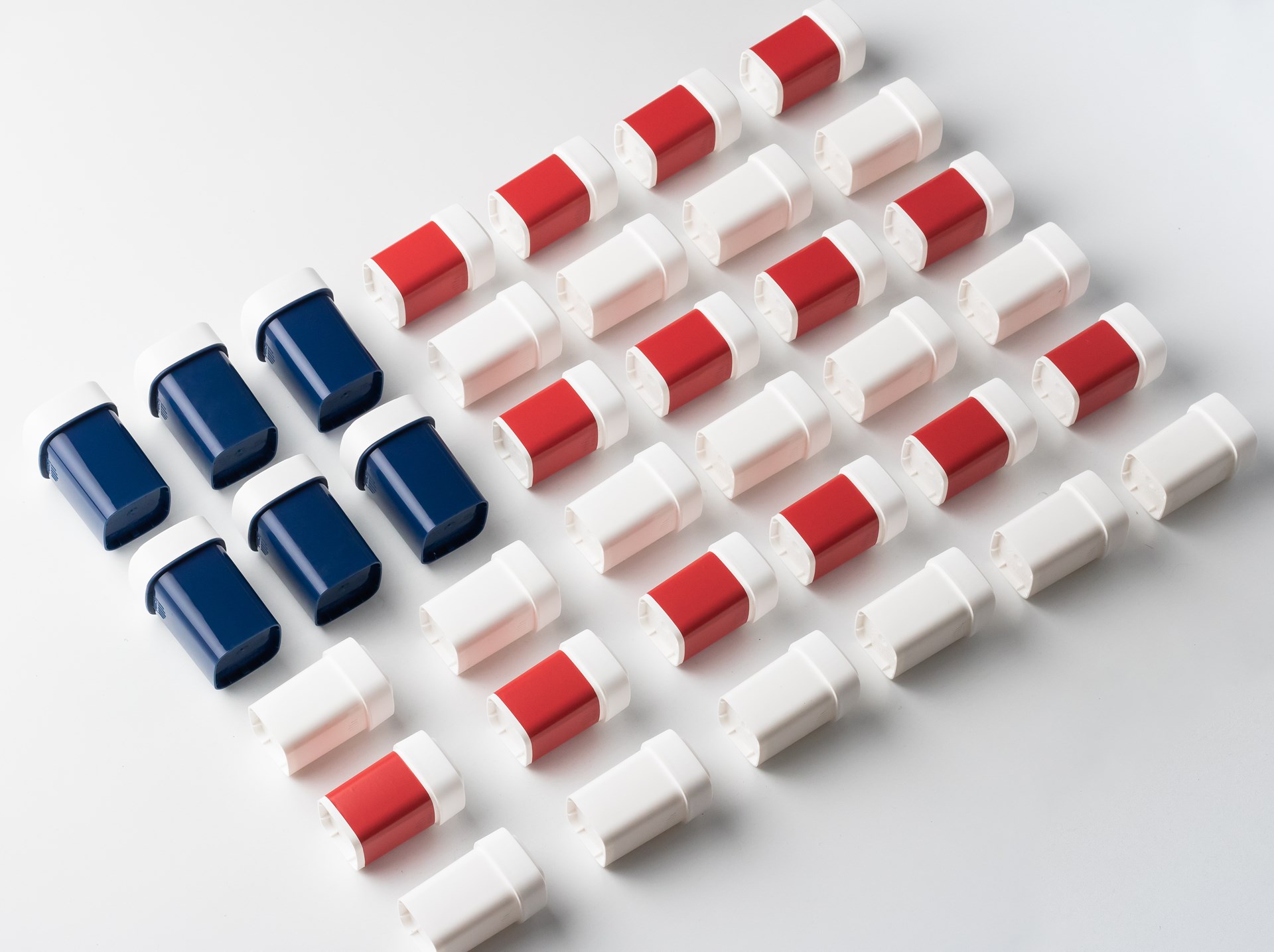 Red, white and blue Calyx dram containers organized into the design of the American Flag