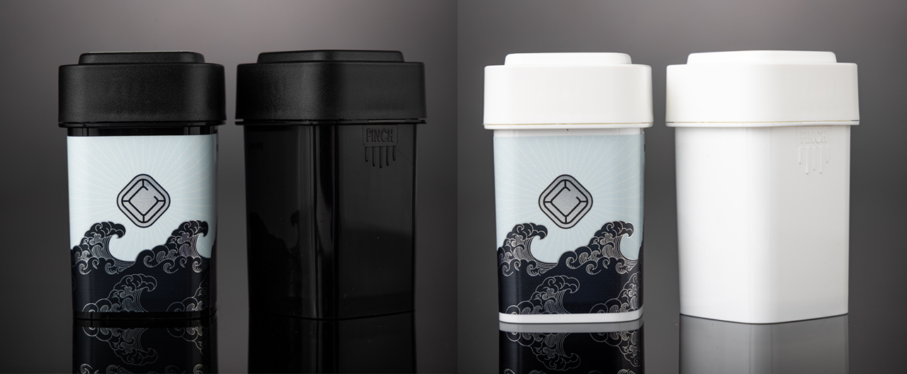 Calyx’s black and white cannabis containers with wave design