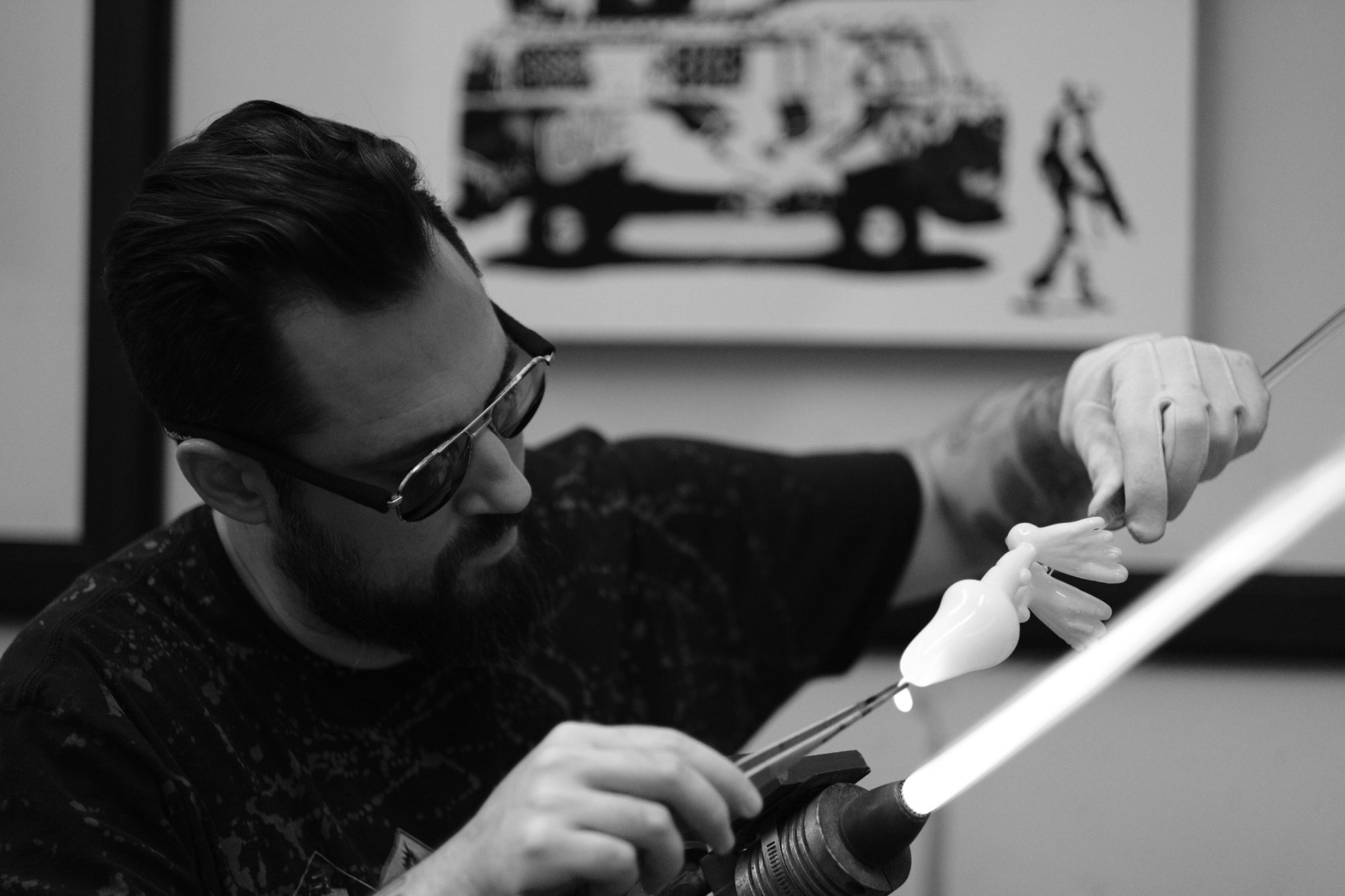 Mike Shelbo blowing glass to create custom Goblin piece